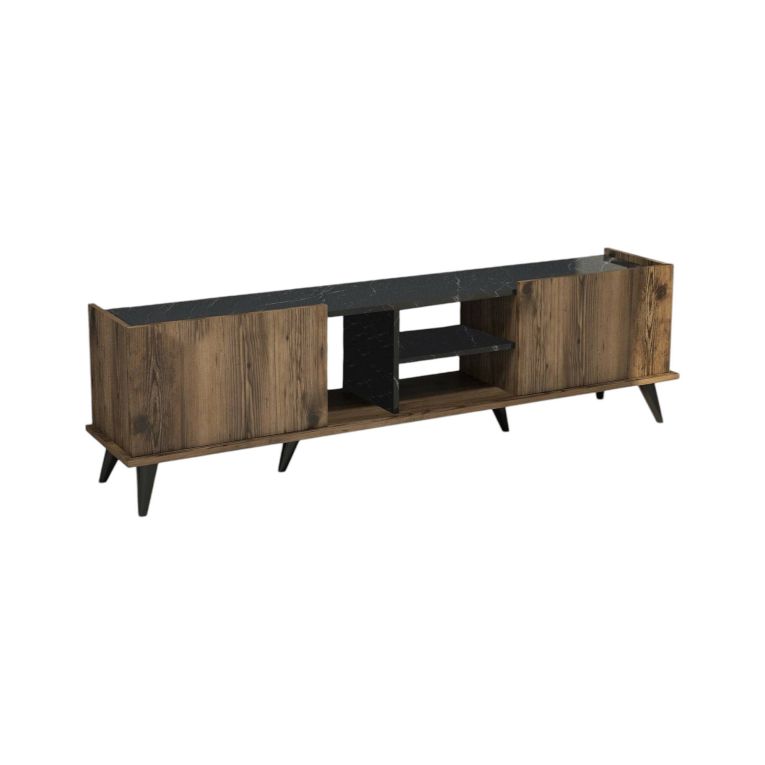 Mobile porta TV Circini, Credenza da soggiorno, Armadio basso per TV, Base parete attrezzata, 180x34 h52 cm, Noce e Nero