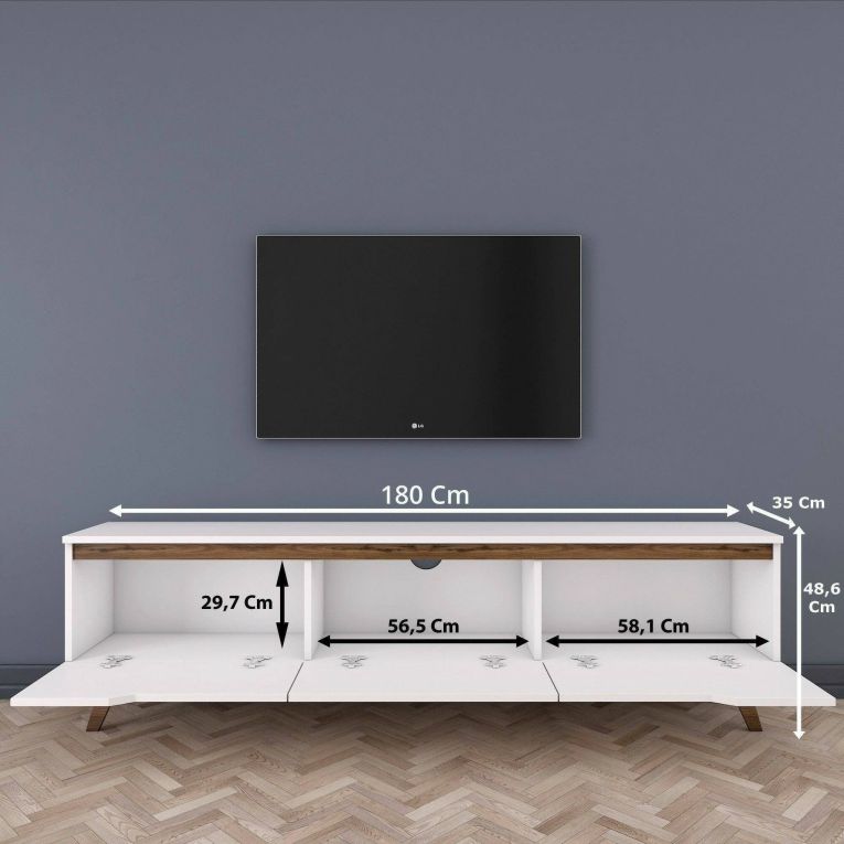 Mobile porta TV Cor, Supporto per televisione da salotto, Credenza bassa da soggiorno, Base porta TV, 180x35h49 cm, Bianco e Noce