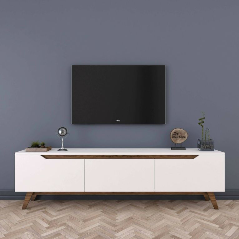 Mobile porta TV Cor, Supporto per televisione da salotto, Credenza bassa da soggiorno, Base porta TV, 180x35h49 cm, Bianco e Noce