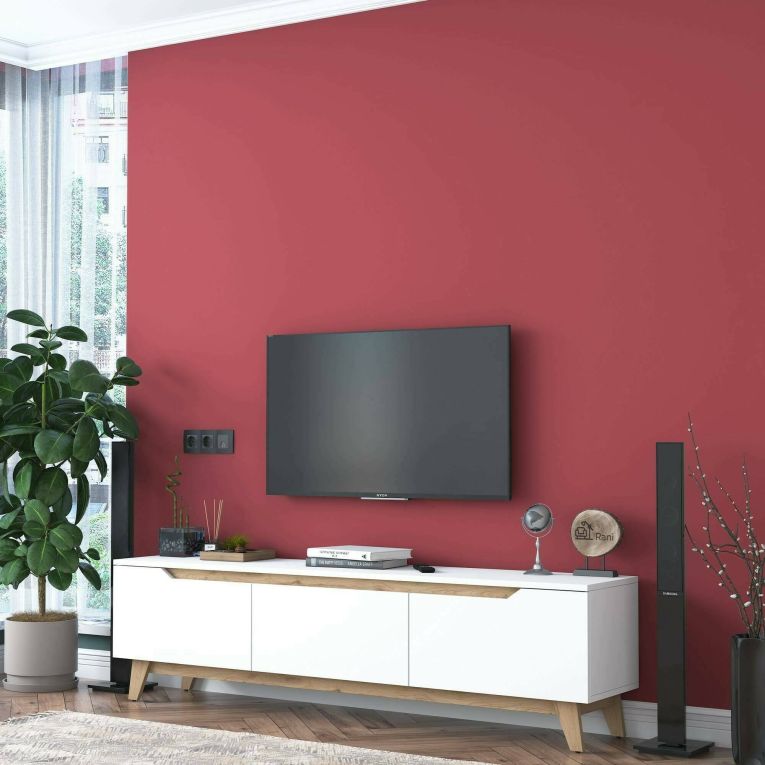 Mobile porta TV Cor, Supporto per televisione da salotto, Credenza bassa da soggiorno, Base porta TV, 180x35h49 cm, Bianco e Rovere