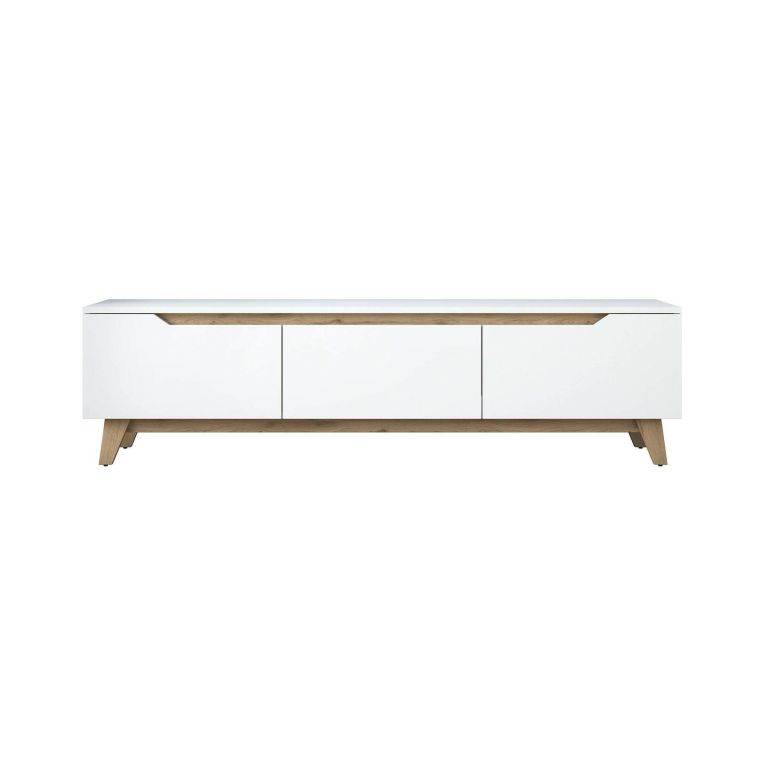 Mobile porta TV Cor, Supporto per televisione da salotto, Credenza bassa da soggiorno, Base porta TV, 180x35h49 cm, Bianco e Rovere