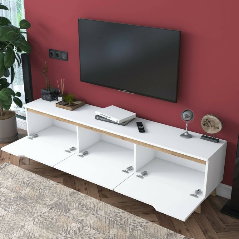 Mobile porta TV Cor, Supporto per televisione da salotto, Credenza bassa da soggiorno, Base porta TV, 180x35h49 cm, Bianco e Rovere