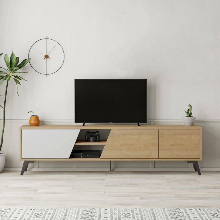 Mobile porta TV Dione, Credenza da soggiorno, Armadio basso per TV, Base parete attrezzata, 180x36 h48 cm, Quercia e Bianco