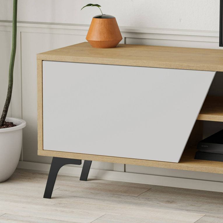 Mobile porta TV Dione, Credenza da soggiorno, Armadio basso per TV, Base parete attrezzata, 180x36 h48 cm, Quercia e Bianco