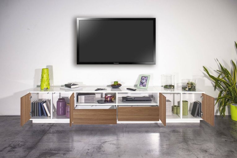Mobile porta TV Dleott, cm 260x41h46, Bianco lucido e Noce