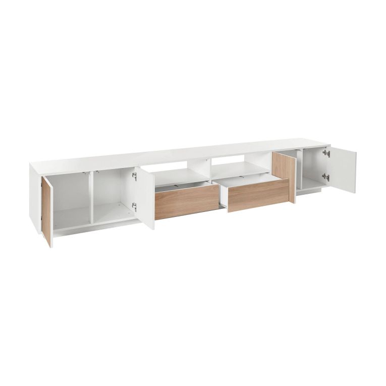Mobile porta TV Dleott, cm 260x41h46, Bianco lucido e Noce