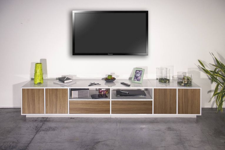 Mobile porta TV Dleott, cm 260x41h46, Bianco lucido e Noce