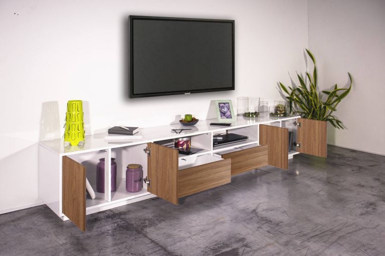 Mobile porta TV Dleott, cm 260x41h46, Bianco lucido e Noce