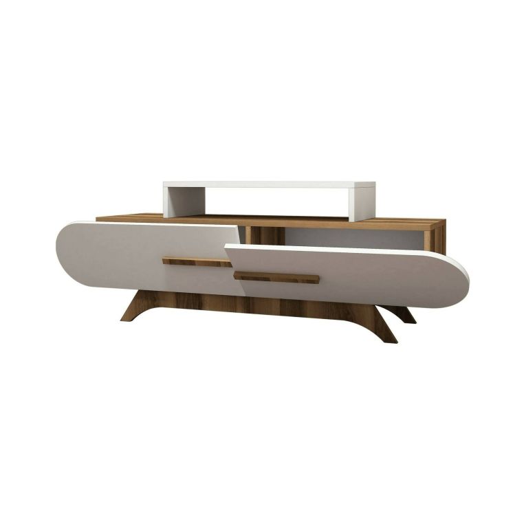 Mobile porta TV Dubh, Supporto per televisione da salotto, Credenza bassa da soggiorno, Base porta TV, 145x37h50 cm, Noce e Bianco