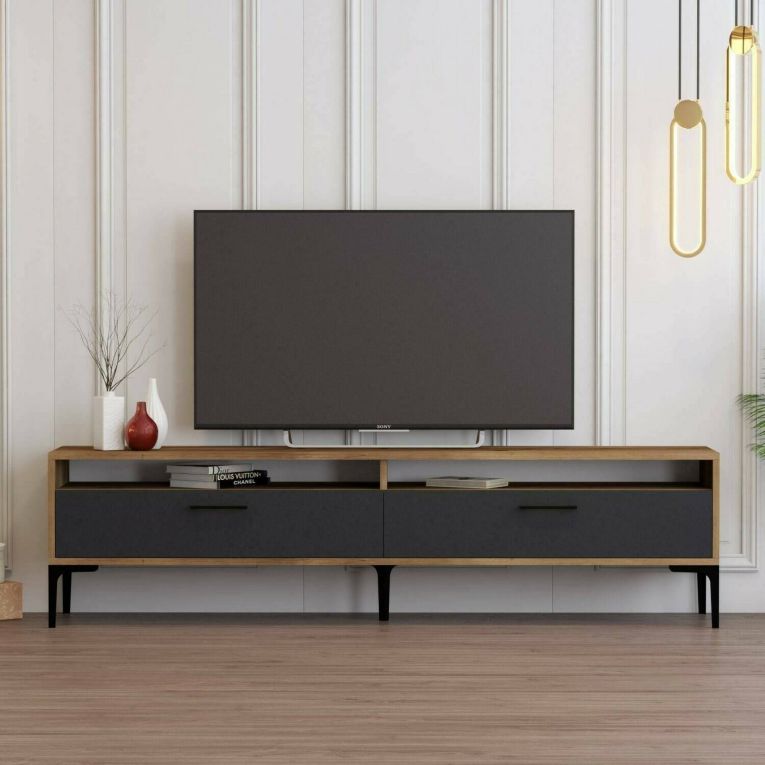Mobile porta TV Eltanin, Supporto per televisione da salotto, Credenza bassa da soggiorno, Base porta TV, 180x47h35 cm, Noce e Antracite