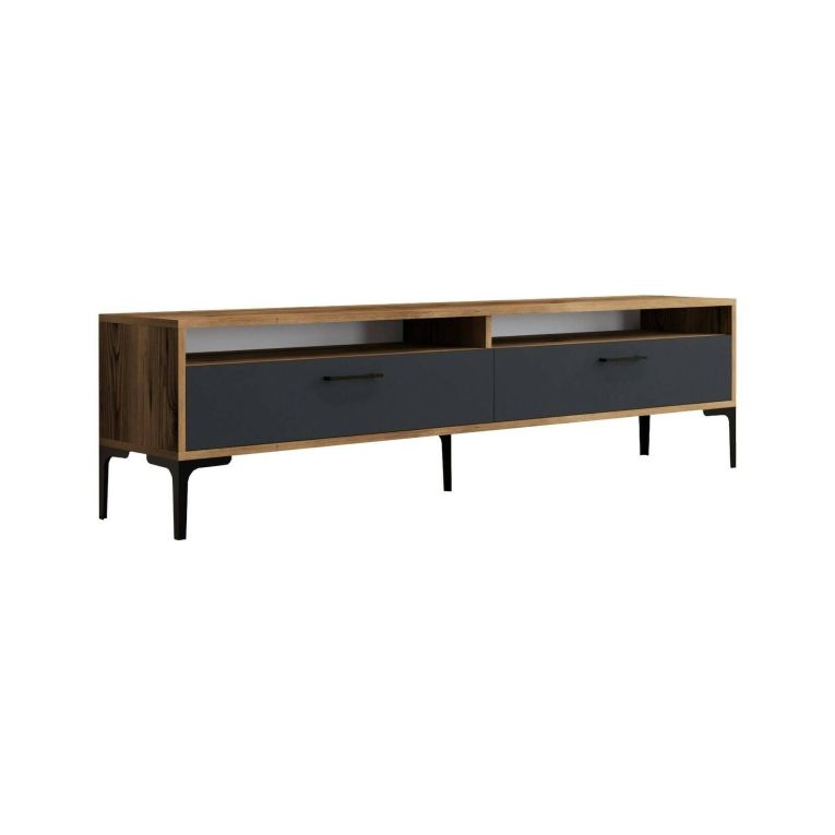 Mobile porta TV Eltanin, Supporto per televisione da salotto, Credenza bassa da soggiorno, Base porta TV, 180x47h35 cm, Noce e Antracite