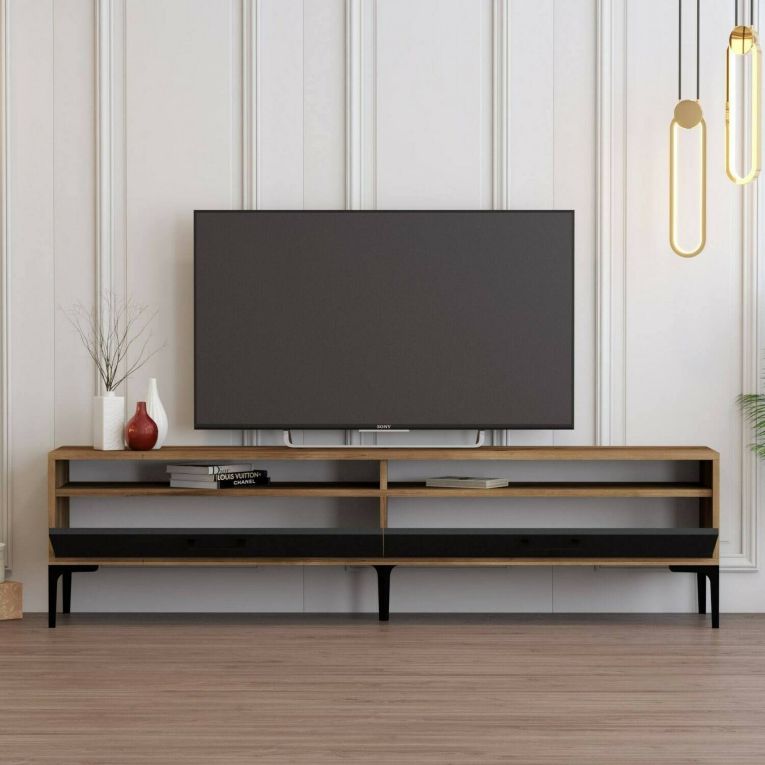Mobile porta TV Eltanin, Supporto per televisione da salotto, Credenza bassa da soggiorno, Base porta TV, 180x47h35 cm, Noce e Antracite