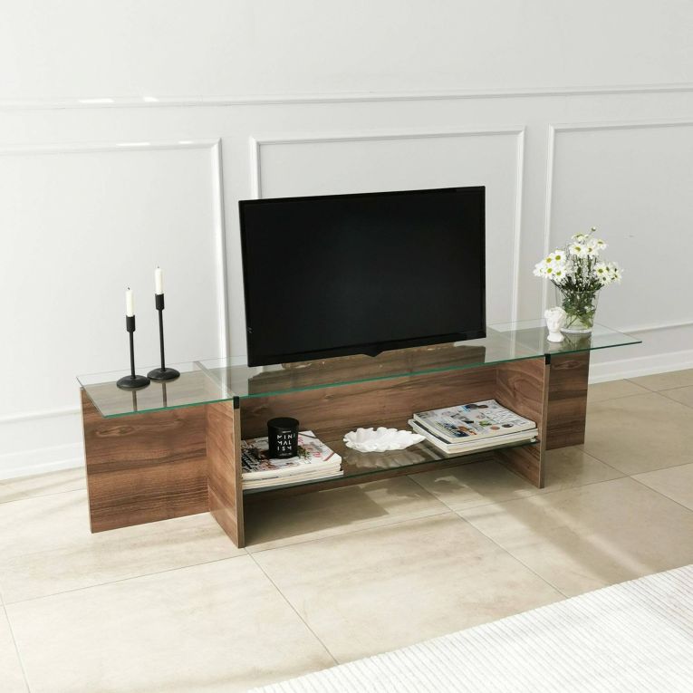 Mobile porta TV Erinyes, Supporto per televisione da salotto, Credenza bassa da soggiorno, Base porta TV, 158x35h40 cm, Noce