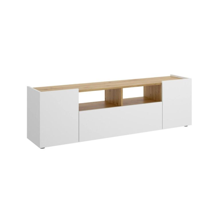 Mobile porta TV Etna, Credenza bassa da soggiorno, Madia da salotto per televisione, 142x35h44 cm, Bianco e Rovere Nodi