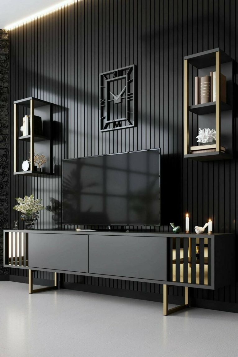 Mobile porta TV Eunomia, Supporto per televisione da salotto, Credenza bassa da soggiorno, Base porta TV, 180x30h48 cm, Antracite e Nero