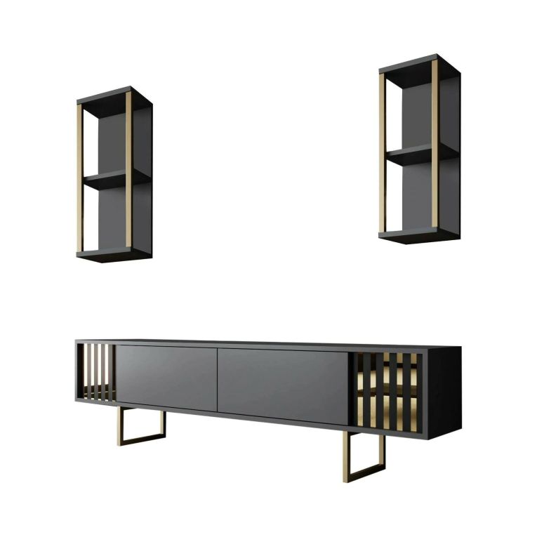 Mobile porta TV Eunomia, Supporto per televisione da salotto, Credenza bassa da soggiorno, Base porta TV, 180x30h48 cm, Antracite e Nero