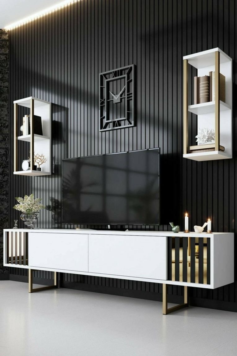 Mobile porta TV Eunomia, Supporto per televisione da salotto, Credenza bassa da soggiorno, Base porta TV, 180x30h48 cm, Bianco e Oro
