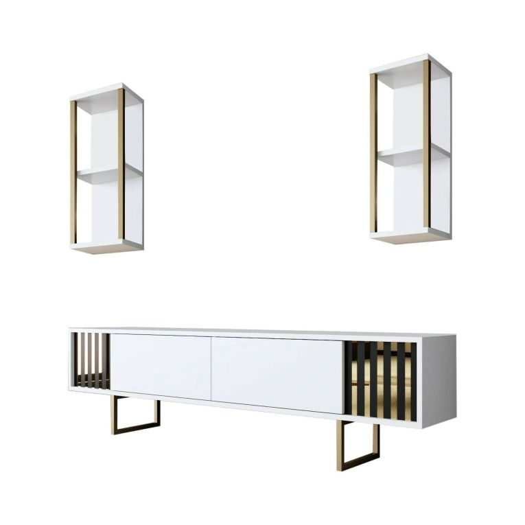 Mobile porta TV Eunomia, Supporto per televisione da salotto, Credenza bassa da soggiorno, Base porta TV, 180x30h48 cm, Bianco e Oro