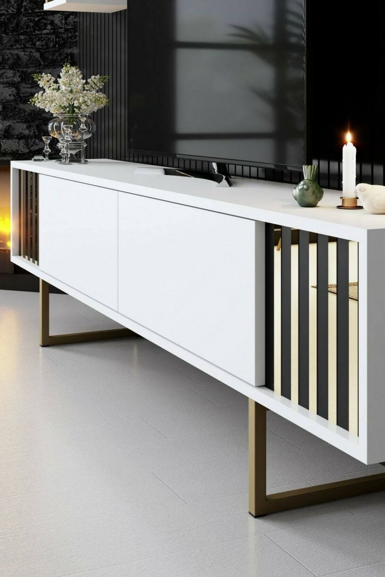Mobile porta TV Eunomia, Supporto per televisione da salotto, Credenza bassa da soggiorno, Base porta TV, 180x30h48 cm, Bianco e Oro