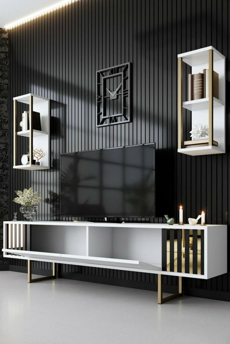 Mobile porta TV Eunomia, Supporto per televisione da salotto, Credenza bassa da soggiorno, Base porta TV, 180x30h48 cm, Bianco e Oro