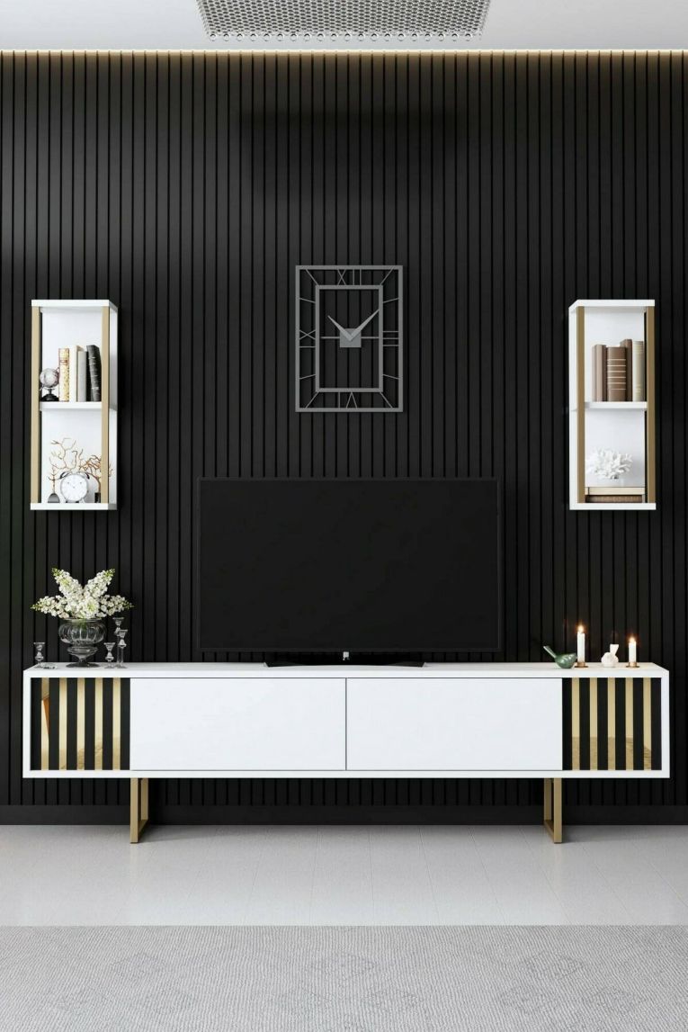 Mobile porta TV Eunomia, Supporto per televisione da salotto, Credenza bassa da soggiorno, Base porta TV, 180x30h48 cm, Bianco e Oro