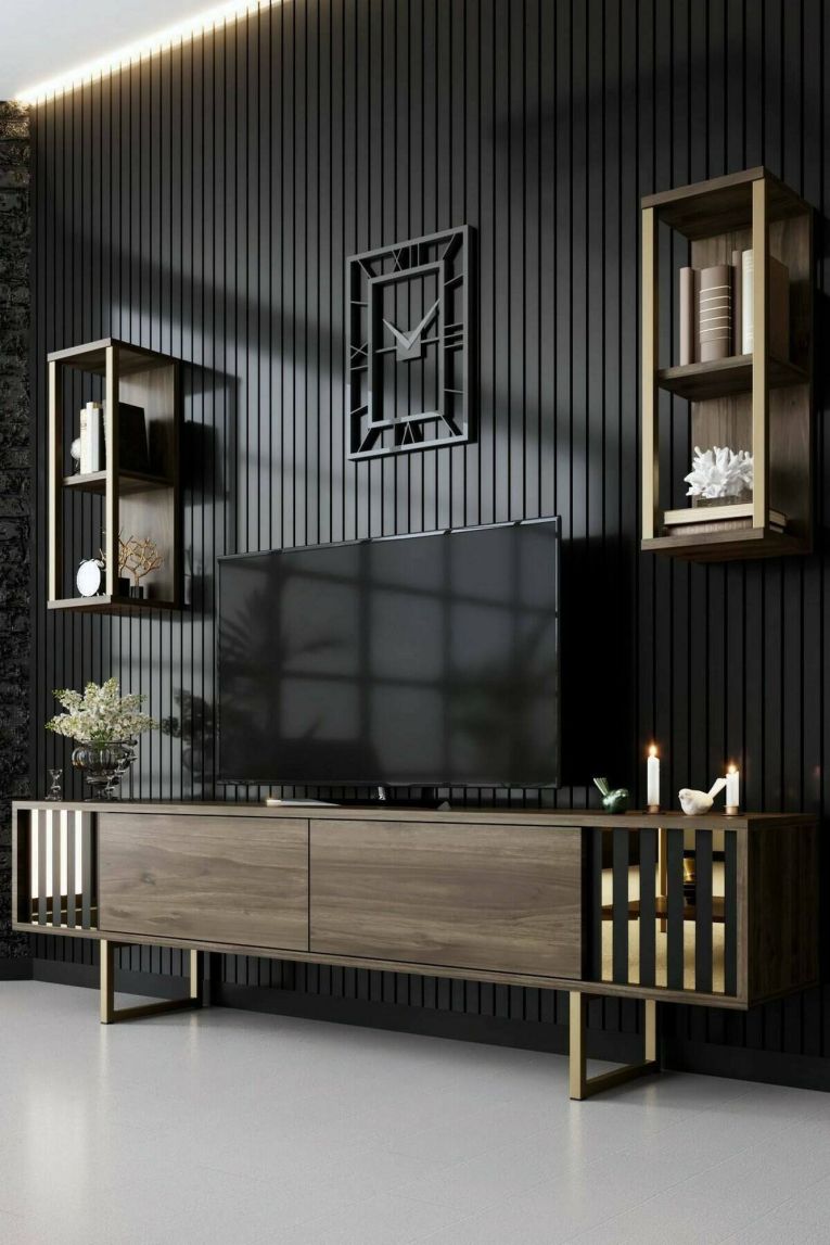 Mobile porta TV Eunomia, Supporto per televisione da salotto, Credenza bassa da soggiorno, Base porta TV, 180x30h48 cm, Noce e Nero