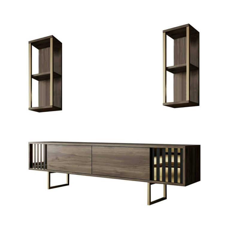 Mobile porta TV Eunomia, Supporto per televisione da salotto, Credenza bassa da soggiorno, Base porta TV, 180x30h48 cm, Noce e Nero
