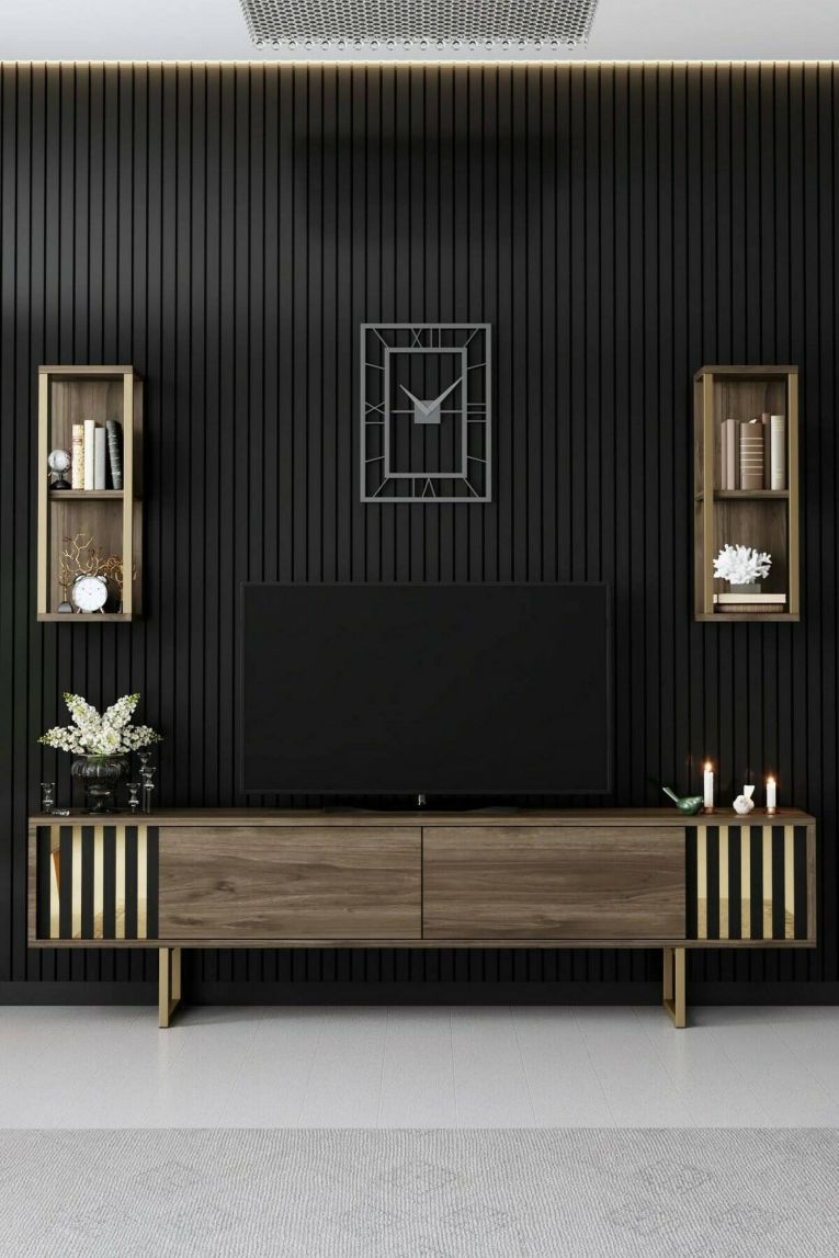 Mobile porta TV Eunomia, Supporto per televisione da salotto, Credenza bassa da soggiorno, Base porta TV, 180x30h48 cm, Noce e Nero