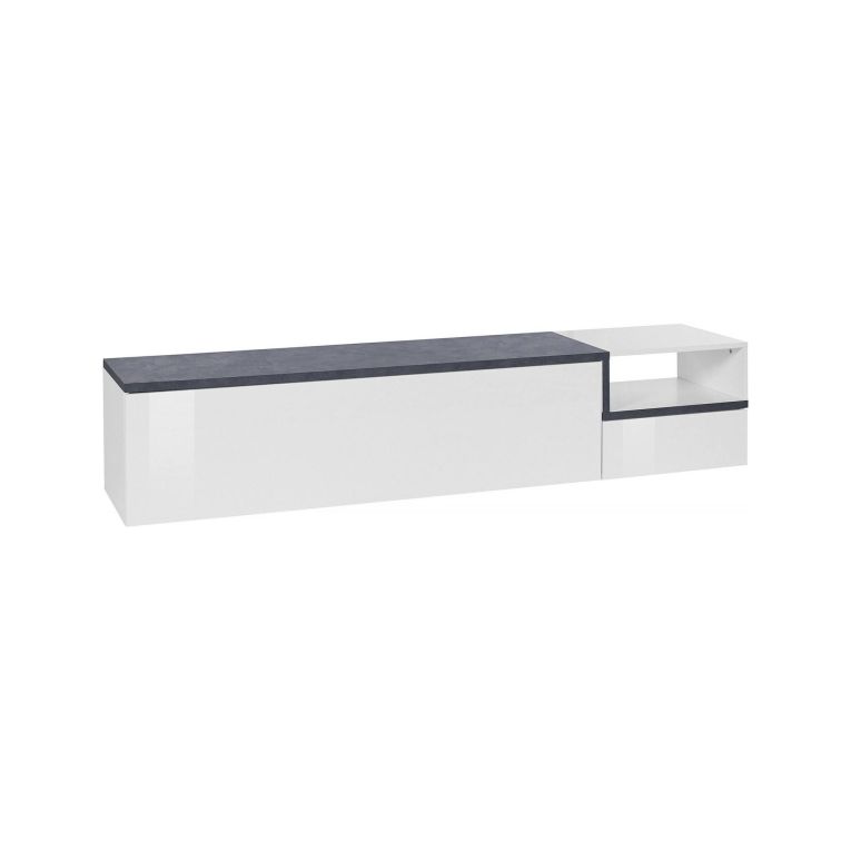 Mobile porta TV Febe, cm 200x40h49, Bianco lucido e Ardesia