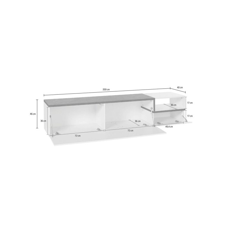 Mobile porta TV Febe, cm 200x40h49, Bianco lucido e Ardesia