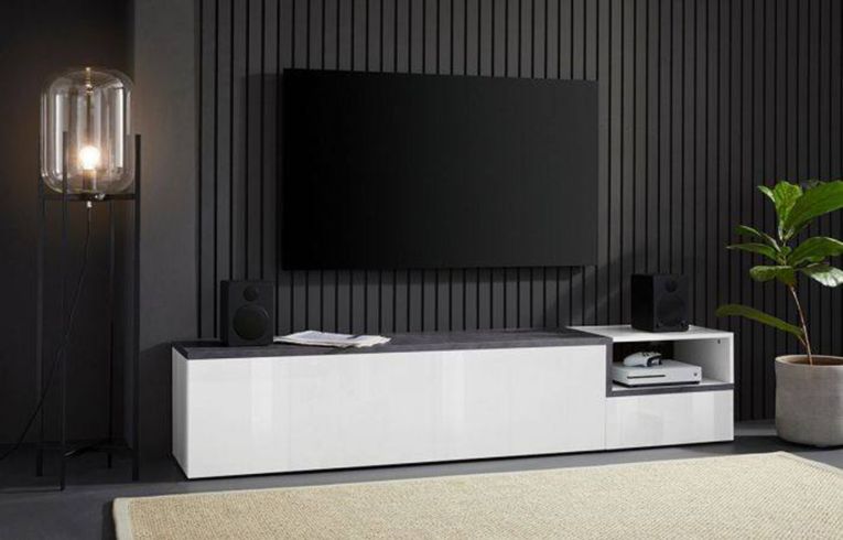 Mobile porta TV Febe, cm 200x40h49, Bianco lucido e Ardesia
