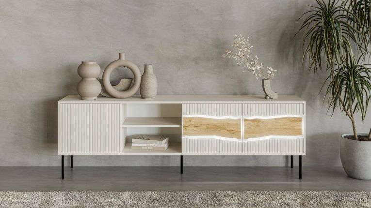 Mobile porta TV Feira, Madia da salotto con tre ante battenti e due vani, Con luci led, Rialzato da terra, 190x40 h62 cm, Beige e Rovere Nodi