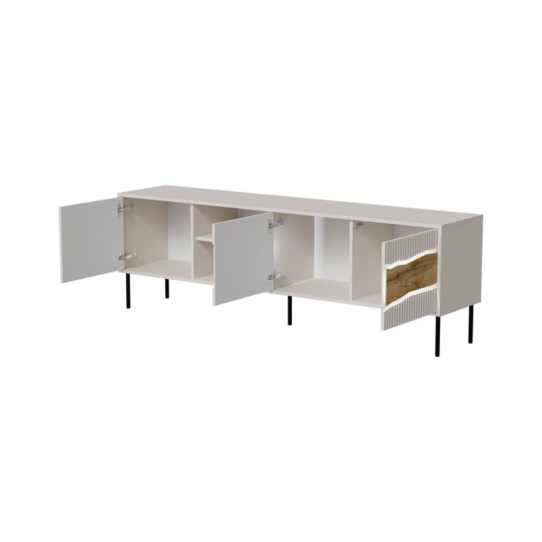 Mobile porta TV Feira, Madia da salotto con tre ante battenti e due vani, Con luci led, Rialzato da terra, 190x40 h62 cm, Beige e Rovere Nodi