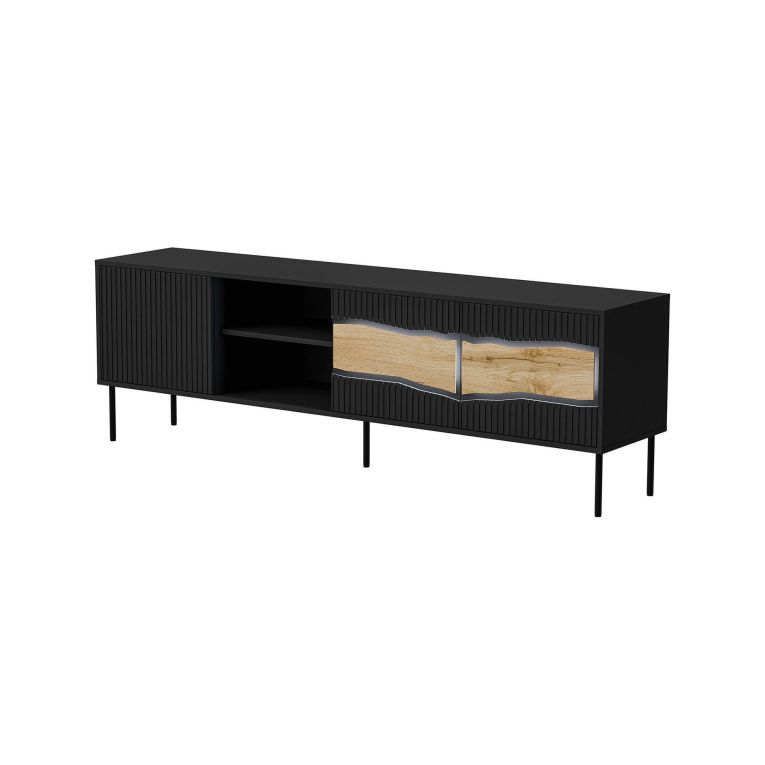Mobile porta TV Feira, Madia da salotto con tre ante battenti e due vani, Con luci led, Rialzato da terra, 190x40 h62 cm, Nero e Rovere Nodi
