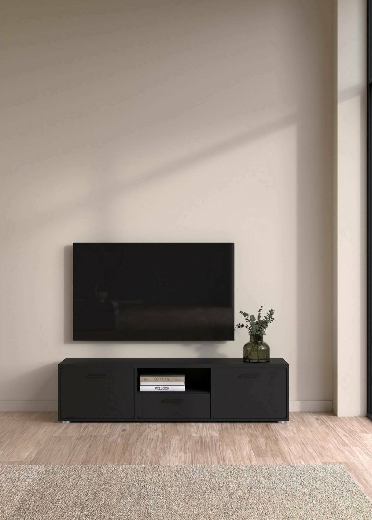 Mobile porta TV Fernande, Credenza da soggiorno, Armadio basso per TV, Base parete attrezzata, 40x147 h38 cm, Nero