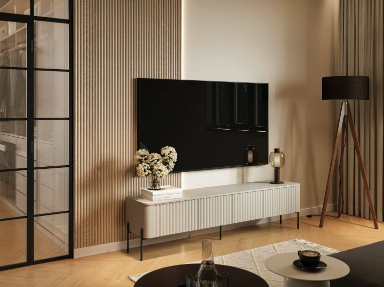 Mobile porta TV Fiaes, Madia da salotto con quattro ante battenti, Rialzato da terra, 190x40 h50 cm, Beige