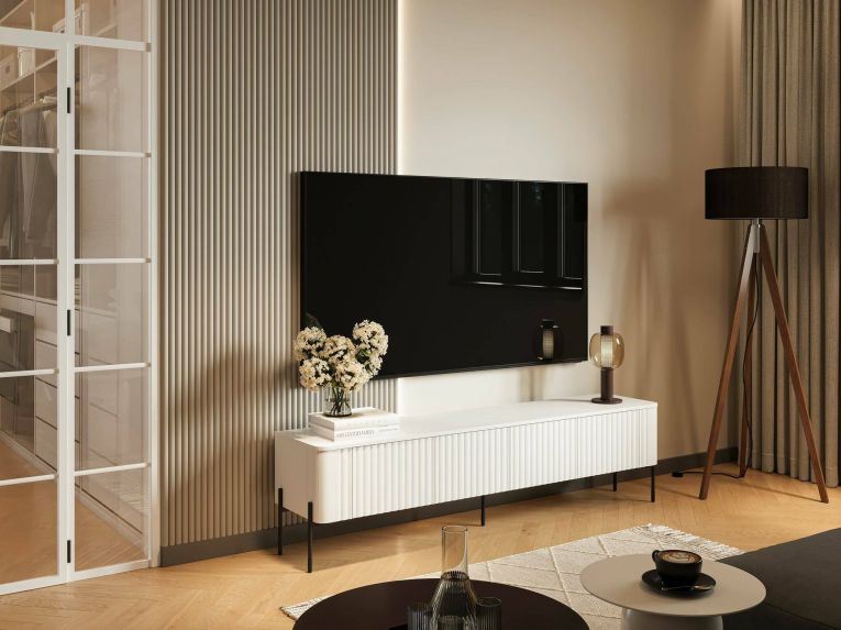 Mobile porta TV Fiaes, Madia da salotto con quattro ante battenti, Rialzato da terra, 190x40 h50 cm, Bianco