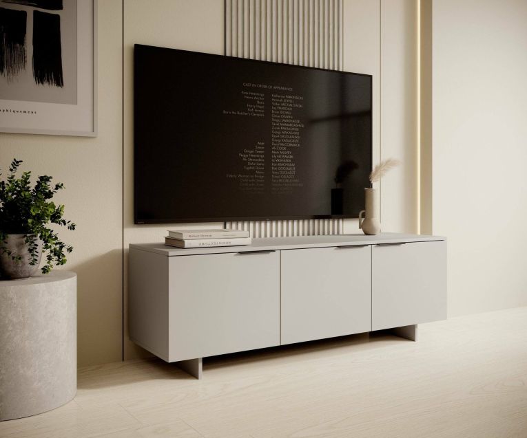 Mobile porta TV Fundao, Madia da salotto con tre ante battenti, Rialzato da terra, 150x42 h55 cm, Beige