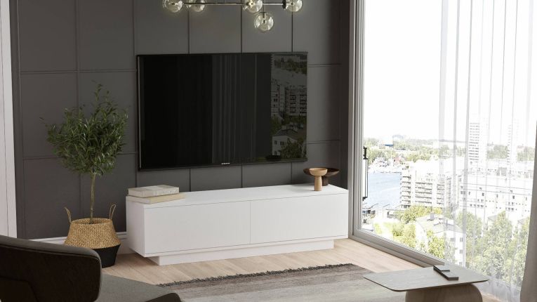 Mobile porta TV Ganymede, Credenza da soggiorno, Armadio basso per TV, Base parete attrezzata, 140x36 h38 cm, Bianco