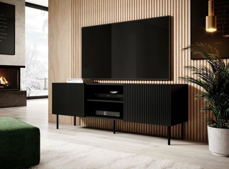 Mobile porta TV Gouveia, Madia da salotto con quattro ante battenti, Rialzato da terra, 150x42 h52 cm, Nero