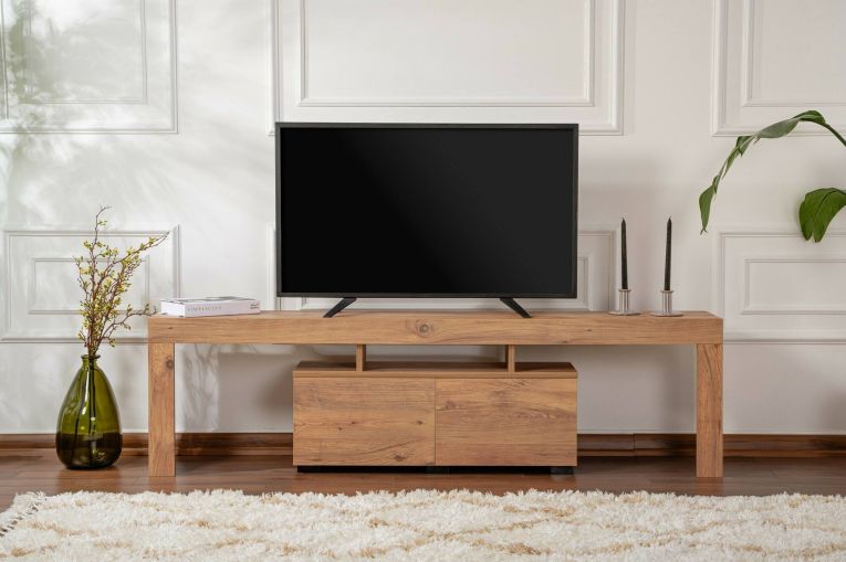 Mobile porta TV Govone, Credenza da soggiorno, Armadio basso per TV, Base parete attrezzata, 180x31 h50 cm, Pino