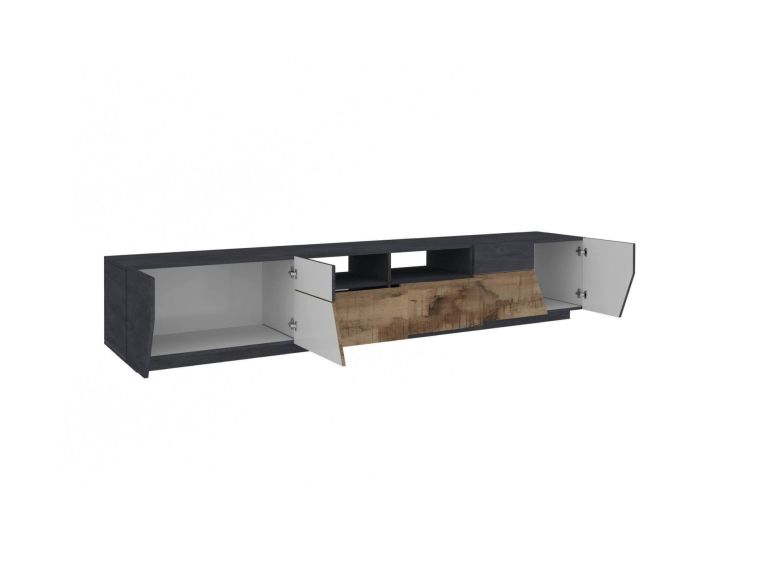 Mobile porta TV Gregorio, Credenza bassa da soggiorno a 4 ante, Base porta TV, 100% Made in Italy, cm 260x43h46, Ardesia e Acero