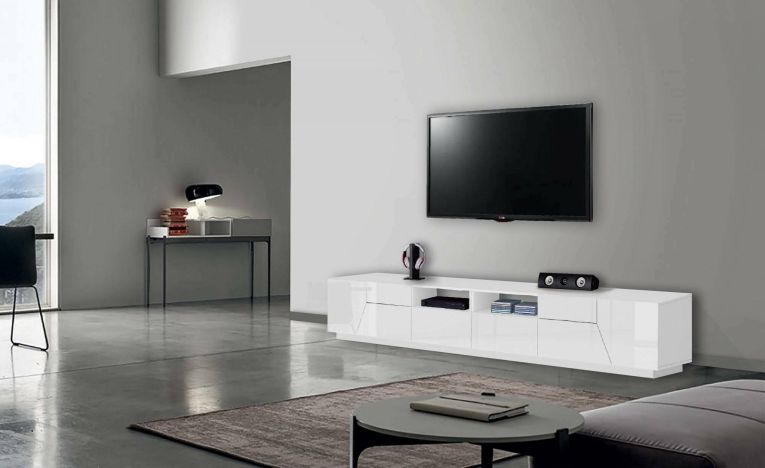 Mobile porta TV Gregorio, Credenza bassa da soggiorno a 4 ante, Base porta TV, 100% Made in Italy, cm 260x43h46, Bianco lucido