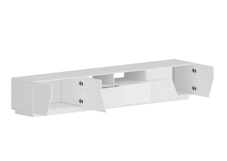 Mobile porta TV Gregorio, Credenza bassa da soggiorno a 4 ante, Base porta TV, 100% Made in Italy, cm 260x43h46, Bianco lucido