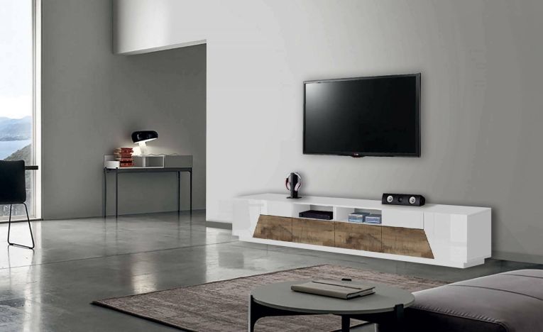 Mobile porta TV Gregorio, Credenza bassa da soggiorno a 4 ante, Base porta TV, 100% Made in Italy, cm 260x43h46, Bianco lucido e Acero