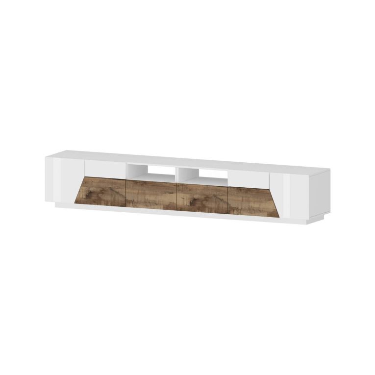 Mobile porta TV Gregorio, Credenza bassa da soggiorno a 4 ante, Base porta TV, 100% Made in Italy, cm 260x43h46, Bianco lucido e Acero