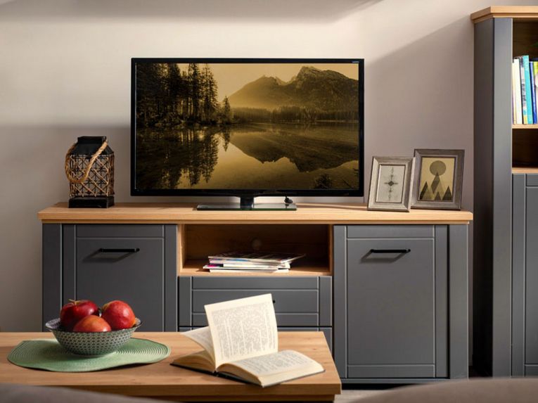Mobile Porta tv Grigio Scuro Marrone Rovere Nodi 2 Cassetti 4 Ripiani 161x41x66.5h cm, Apertura Battente, Scorrevole - Rotondi