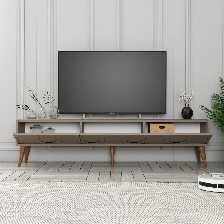 Mobile Porta tv Grigio Tortora Marrone Noce 3 Ante Apertura a Ribalta 180x35x44h cm, 3 Vani - Scafa