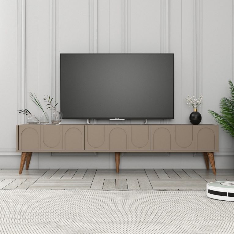Mobile Porta tv Grigio Tortora Marrone Noce 3 Ante Apertura a Ribalta 180x35x44h cm, 3 Vani - Scafa