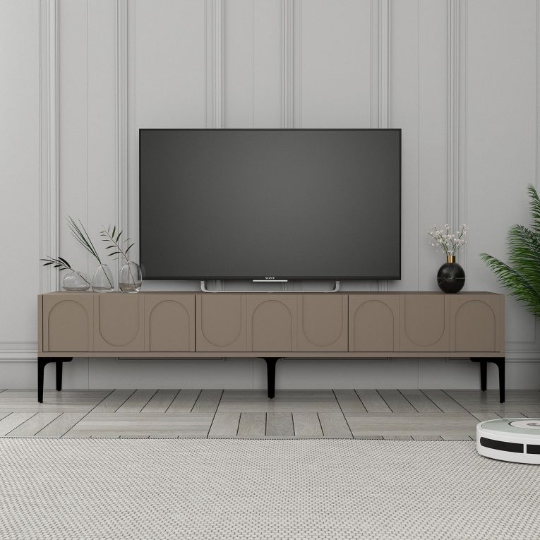 Mobile Porta tv Grigio Tortora Nero 3 Ante Apertura a Ribalta 180x35x42h cm, 3 Vani - Scafa